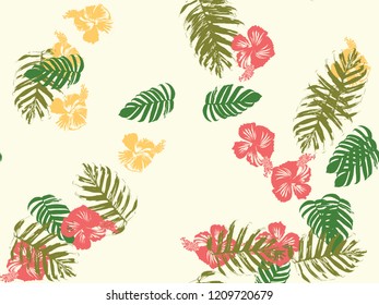 Tropical background. Green, pink, red, yellow monstera, hibiscus, palm vector elements. Hawaiian exotic cover template. Summer botanical backdrop. Vintage print with tropic floral jungle texture.