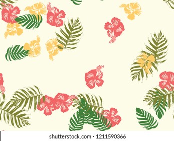 Tropical background. Green, pink, red, yellow monstera, hibiscus, palm vector elements. Hawaiian exotic cover template. Summer botanical backdrop. Vintage print with tropic floral jungle texture.