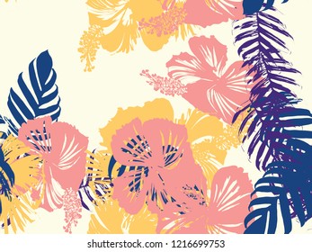 Tropical background. Green, pink, red, yellow monstera, hibiscus, palm vector elements. Hawaiian exotic cover template. Summer botanical backdrop. Vintage print with tropic floral jungle texture.