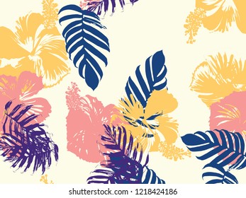 Tropical background. Green, pink, red, yellow monstera, hibiscus, palm vector elements. Hawaiian exotic cover template. Summer botanical backdrop. Vintage print with tropic floral jungle texture.