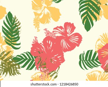 Tropical background. Green, pink, red, yellow monstera, hibiscus, palm vector elements. Hawaiian exotic cover template. Summer botanical backdrop. Vintage print with tropic floral jungle texture.