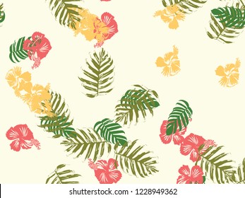 Tropical background. Green, pink, red, yellow monstera, hibiscus, palm vector elements. Hawaiian exotic cover template. Summer botanical backdrop. Vintage print with tropic floral jungle texture.