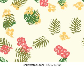 Tropical background. Green, pink, red, yellow monstera, hibiscus, palm vector elements. Hawaiian exotic cover template. Summer botanical backdrop. Vintage print with tropic floral jungle texture.