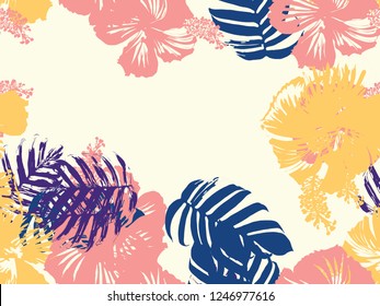 Tropical background. Green, pink, red, yellow monstera, hibiscus, palm vector elements. Hawaiian exotic cover template. Summer botanical backdrop. Vintage print with tropic floral jungle texture.