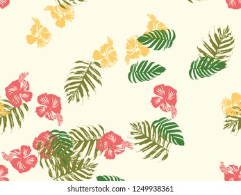 Tropical background. Green, pink, red, yellow monstera, hibiscus, palm vector elements. Hawaiian exotic cover template. Summer botanical backdrop. Vintage print with tropic floral jungle texture.