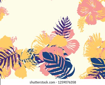Tropical background. Green, pink, red, yellow monstera, hibiscus, palm vector elements. Hawaiian exotic cover template. Summer botanical backdrop. Vintage print with tropic floral jungle texture.