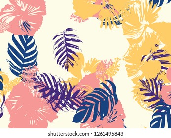 Tropical background. Green, pink, red, yellow monstera, hibiscus, palm vector elements. Hawaiian exotic cover template. Summer botanical backdrop. Vintage print with tropic floral jungle texture.