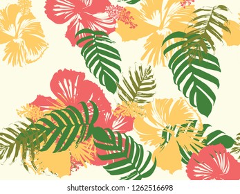 Tropical background. Green, pink, red, yellow monstera, hibiscus, palm vector elements. Hawaiian exotic cover template. Summer botanical backdrop. Vintage print with tropic floral jungle texture.