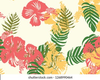 Tropical background. Green, pink, red, yellow monstera, hibiscus, palm vector elements. Hawaiian exotic cover template. Summer botanical backdrop. Vintage print with tropic floral jungle texture.