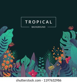 Tropical background green tone. Tropical leaves and flower. Jungle leaf frame for promotion banner design, flyer, Tropical party poster, printing and website. Vector illustration.