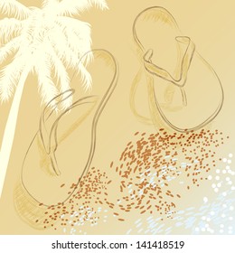 Tropical background with hand drawn beach slippers
