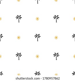 tropischer Hintergrund. Handgezeichnete Doodle-Sonne und Palmen Silhouetten Nahtlose Muster