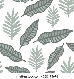 Tropical background with hand drawn palm leaves on white. Tropic seamless pattern. Vector illustration.