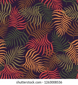 Tropical background with hand-drawn palm leaves. Seamless floral pattern. Exotic vector illustration. Flat jungle print