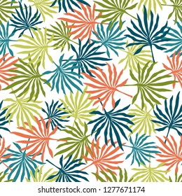 Tropical background with hand-drawn palm leaves. Seamless floral pattern. Exotic vector illustration. Flat jungle print