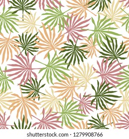 Tropical background with hand-drawn palm leaves. Seamless floral pattern. Exotic vector illustration. Flat jungle print