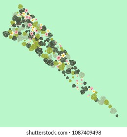 Tropical background of hibiscus flowers, palm leaves, monstera, fern on a green background.