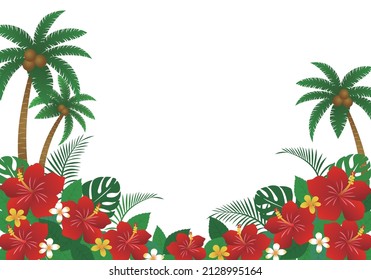 Ihibisco de fondo tropical y palmeras