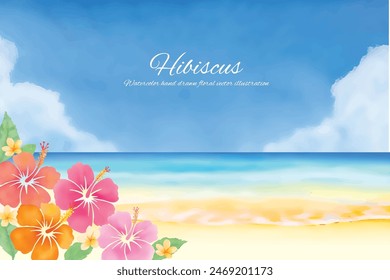 Tropical background of hibiscus and sea with watercolor touch