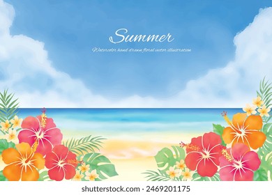 Tropical background of hibiscus and sea with watercolor touch