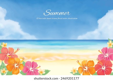 Tropical background of hibiscus and sea with watercolor touch