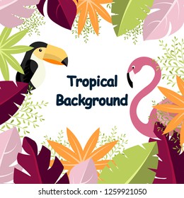 Tropical Background illustration vector shore with object on the nature background. background have leafs,Flamingo,Hornbill so cute and Frame nature.