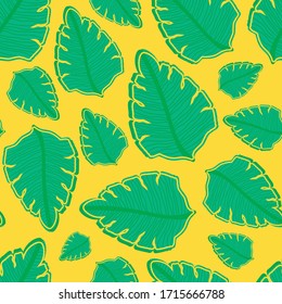 Tropical background. Juicy yellow pattern of green leaves.