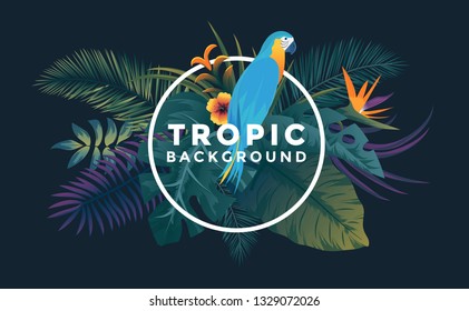 Tropical background with jungle plants. Frame with tropic bird and leaves, can be used as Exotic wallpaper, Greeting card, poster, placard. Vector Illustration