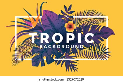 Tropical background with jungle plants. Frame with tropic leaves on yellow background, can be used as Exotic wallpaper, Greeting card, poster, placard. Vector Illustration