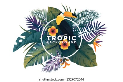 Tropical background with jungle plants. Frame with tropic leaves and Toucan bird, can be used as Exotic wallpaper, Greeting card, poster, placard. Vector Illustration