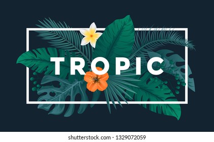 Tropical background with jungle plants. Frame with tropic leaves, can be used as Exotic wallpaper, Greeting card, poster, placard. Vector Illustration