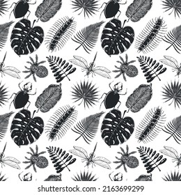 Tropical background with jungle plants. Palm leaves. Floral exotic hawaiian wallpaper. Rainforest. Summer tropical leaf. Exotic hawaiian jungle, summertime style. Summer vector illustration.