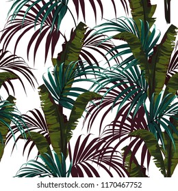 Tropical background with jungle plants. Seamless vector tropical pattern with blue palm leaves and green bananas leaves. White background.