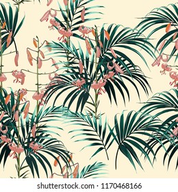 Fondo tropical con plantas de selva. Diseño tropical vectorial sin inconvenientes con hojas de palma verde oscuro y flores de lirios naranjas tropicales sobre fondo amarillo.