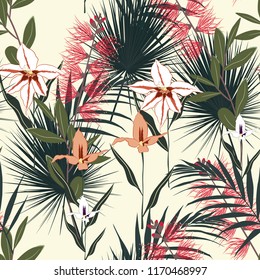 Tropical background with jungle plants. Seamless vector tropical pattern with  palm leaves and exotic orchid and protea flowers. Light yellow background.
