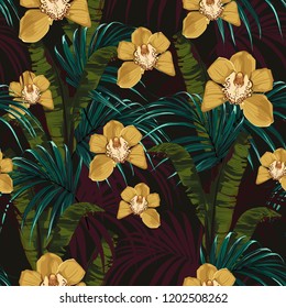 Tropical background with jungle plants. Seamless vector tropical pattern with blue palm leaves, yellow orchid flowers and green bananas leaves. Black background.