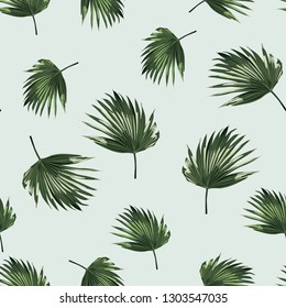 Tropical background with jungle plants. Seamless vector tropical pattern with palm leaves. Light blue background.