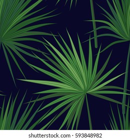Tropical background with jungle plants. Seamless vector tropical pattern with green sabal palm leaves.