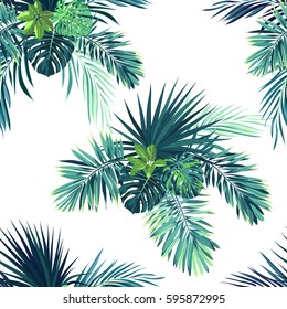 Tropical background with jungle plants. Seamless vector tropical pattern with green phoenix palm leaves.