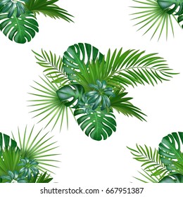 Tropical background with jungle plants. Seamless vector tropical pattern with green palm and exotic plants leaves.