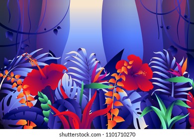 Tropical background with jungle plants. Vector illustration