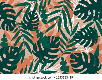 Fondo tropical con hojas de diferentes formas. Colores de tendencia. Diseño de vectores.