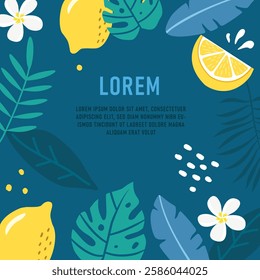 Tropical background with lemons, palm leaves, and exotic flowers. Fresh summer vibes with vibrant citrus and botanical elements. Perfect for design projects.