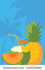 Tropical background. Melon slice, ananas, coconut milk on blue sky background.