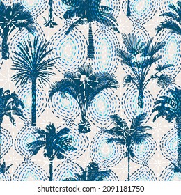 Tropical background in modern style. Abstract dashed geometric texture. Palm trees seamless pattern. Silhouettes of banana and coconut palm trees. Overlaid ornament. Summer nature motif.