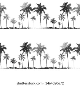 Tropical background - monochrome black & white seamless watercolor pattern with realistic silhouettes coconut palms. Hawaiian style for men's shirts