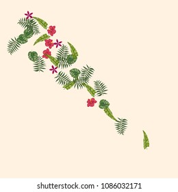 Tropical background with a monster and hibiscus against a light background. Fern, monstara and tropical flowers.