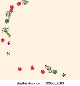 Tropical background with a monster and hibiscus against a light background. Fern, monstara and tropical flowers.
