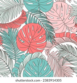 Tropical background with monstera branches in soft turquoise and pink colors. Botanical background with palm tree branches for creating various designs, decor, covers, postcards and presentations.