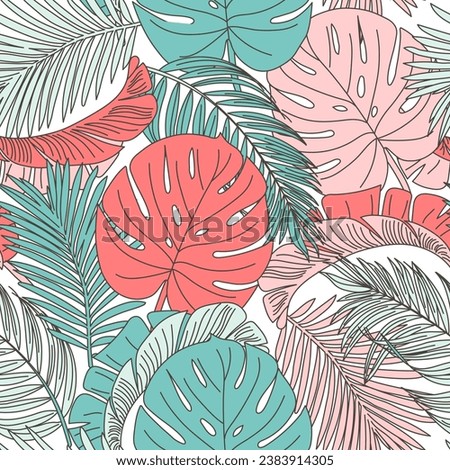 Tropical background with monstera branches in soft turquoise and pink colors. Botanical background with palm tree branches for creating various designs, decor, covers, postcards and presentations.